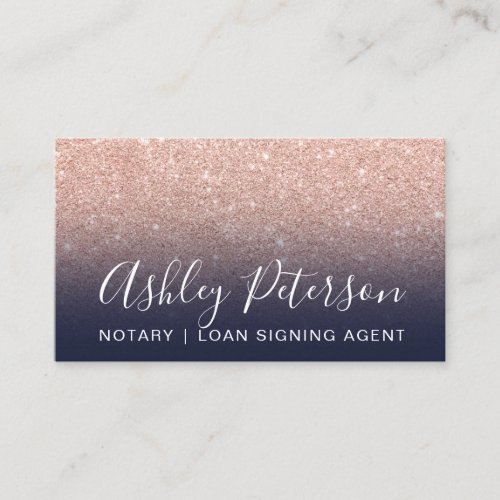Notary elegant typography navy rose gold glitter business card