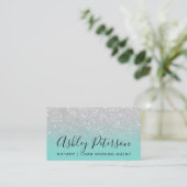 Notary elegant typography silver glitter teal business card (Standing Front)