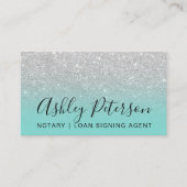 Notary elegant typography silver glitter teal business card (Front)