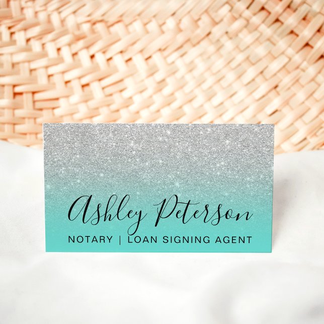 Notary elegant typography silver glitter teal business card