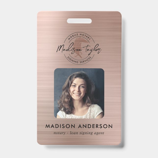 Notary Loan Agent Brushed Rose Gold Quill Photo Badge (Front)