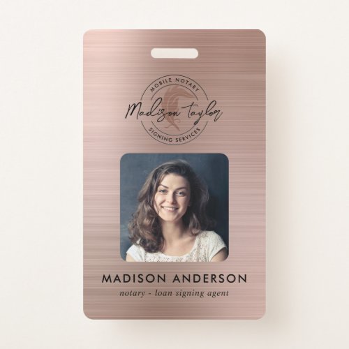 Notary Loan Agent Brushed Rose Gold Quill Photo Badge