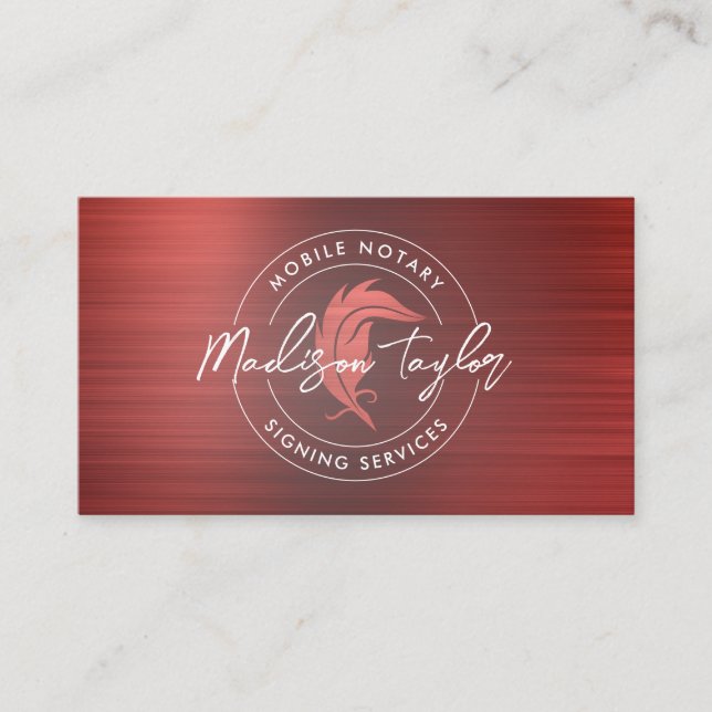 Notary Loan Agent Burgundy Red Brushed Metal Quill Business Card (Front)