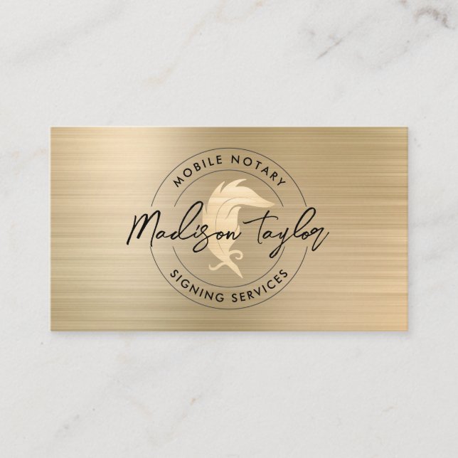 Notary Loan Agent Classic Gold Brushed Metal Quill Business Card (Front)