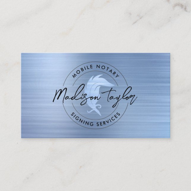 Notary Loan Agent Navy Blue Brushed Metal Quill Business Card (Front)