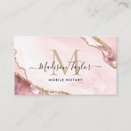 Notary Loan Agent Pink Gold Marble Agate Monogram Business Card