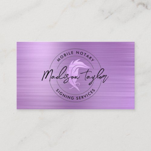Notary Loan Agent Purple Glam Brushed Metal Quill Business Card