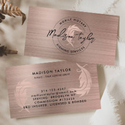 Notary Loan Agent Rose Gold Brushed Metal Quill Business Card
