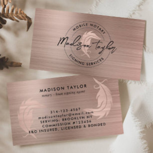 Notary Loan Agent Rose Gold Brushed Metal Quill Business Card