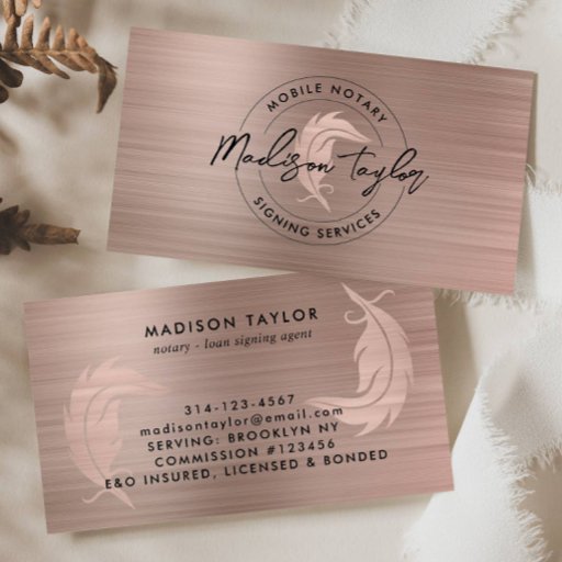 Customizable Notary Loan Agent Rose Gold Brushed Metal Quill Business Card