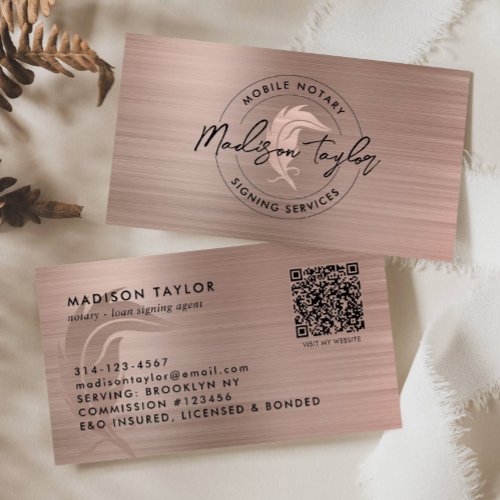 Notary Loan Agent Rose Gold Brushed Metal Quill QR Business Card