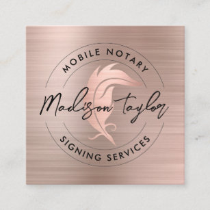 Notary Loan Agent Rose Gold Brushed Metal Quill Square Business Card