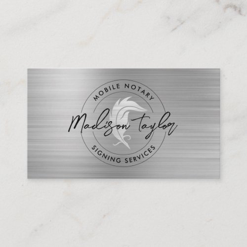 Notary Loan Agent Silver Gray Brushed Metal Quill Business Card