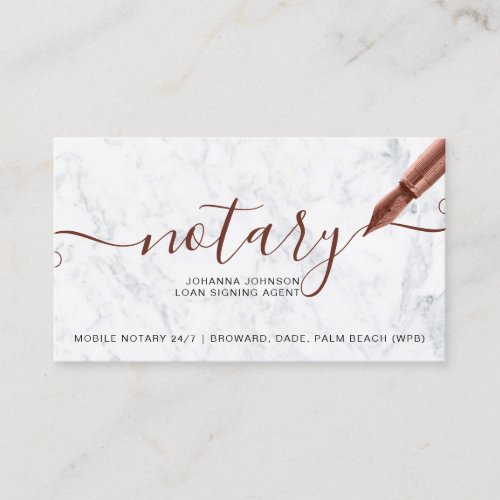 Notary loan rose gold white marble typography business card