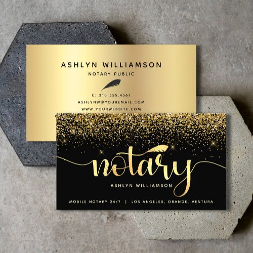 Notary Loan Sign Agent Black Gold Glitter Script Business Card