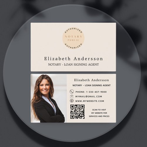 Notary loan signing agent beige photo QR logo Business Card