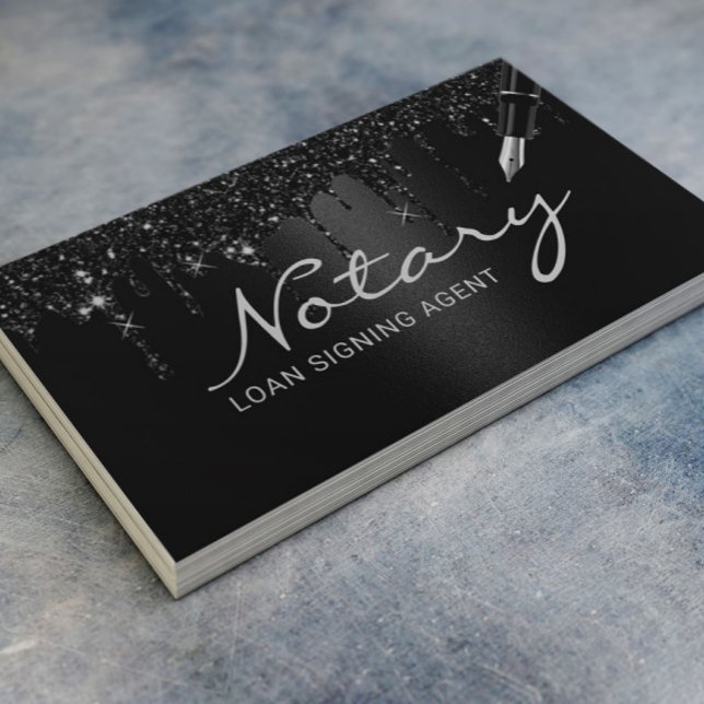 Notary Loan Signing Agent Black Glitter Drips Business Card (Creator Uploaded)
