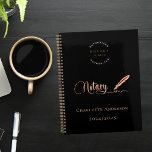 Notary loan signing agent black gold 2024 planner<br><div class="desc">A chic black background,  decorated with a feather pen.  Personalize and add your logo,  a name and year(s).  Golden text: Notary
Back: your logo,  and a QR-code to your website.  Delete if not wanted.</div>