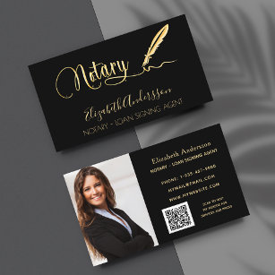 Notary loan signing agent black gold photo QR code Business Card