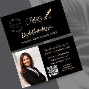 Notary loan signing agent black gold photo QR logo Business Card