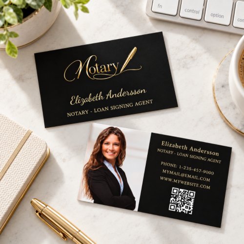 Notary loan signing agent black gold photo QR logo Business Card