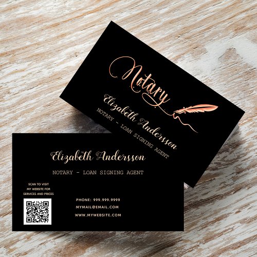 Notary loan signing agent black gold QR code Business Card