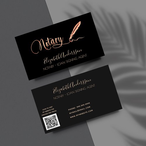 Notary loan signing agent black gold QR code Business Card