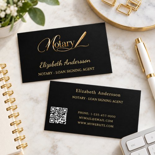 Notary loan signing agent black gold QR logo Business Card