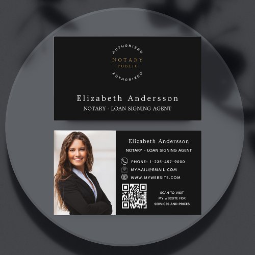 Notary loan signing agent black photo QR logo Business Card
