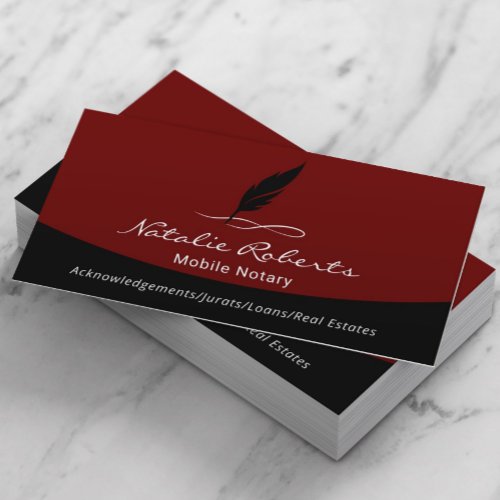 Notary Loan Signing Agent Black Red Quill Logo Business Card