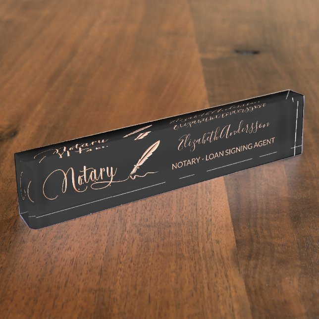 Notary loan signing agent black rose gold desk name plate (Side)