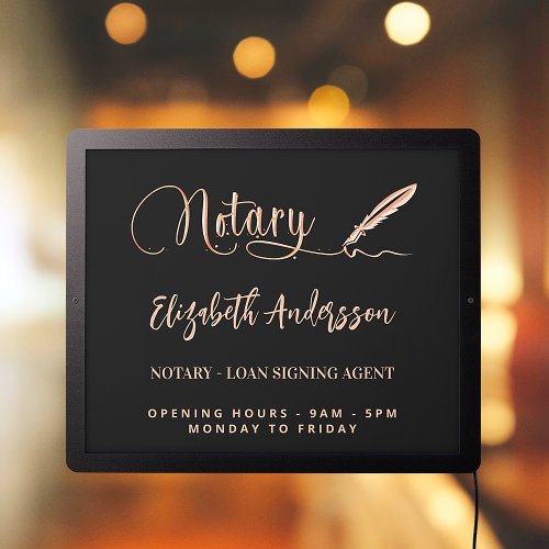 Notary loan signing agent black rose gold LED sign
