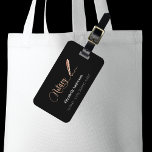 Notary loan signing agent black rose gold luggage tag<br><div class="desc">A black background decorated with a rose gold signature signing pen.  Elegant hand lettered style script.  Personalize and add Your name,  text, 
Add your contact information on the back.</div>