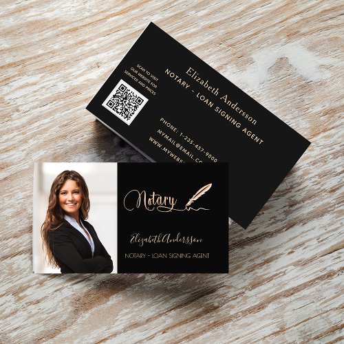 Notary loan signing agent black rose gold photo QR Business Card