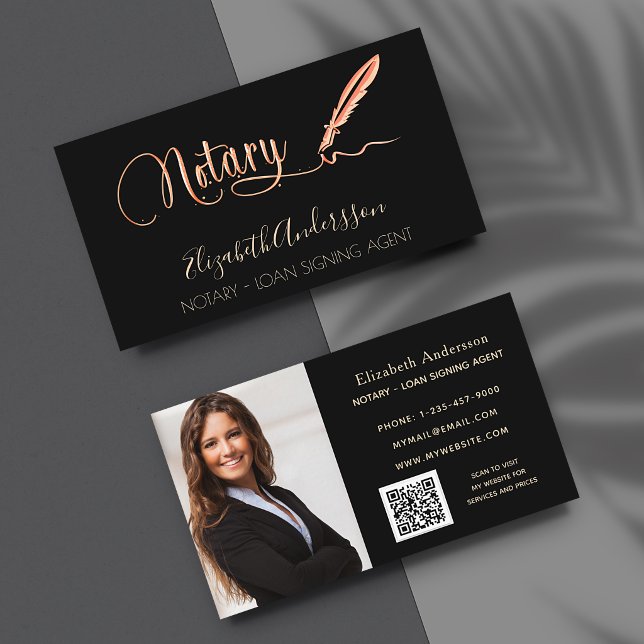 Notary loan signing agent black rose photo QR code Business Card