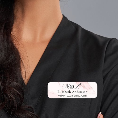 Notary loan signing agent blush pink marble script name tag