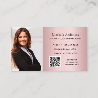 Notary loan signing agent blush pink photo QR code Business Card | Zazzle