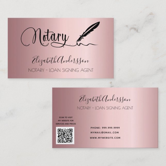 Notary loan signing agent blush pink QR code Business Card (Front/Back)