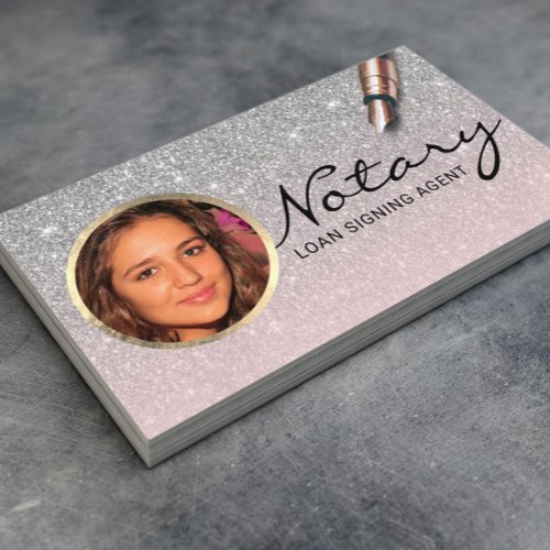 Notary Loan Signing Agent Blush Pink Silver Photo Business Card