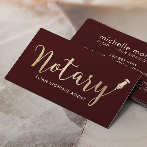 Notary Loan Signing Agent Dark Red  Gold Business Card