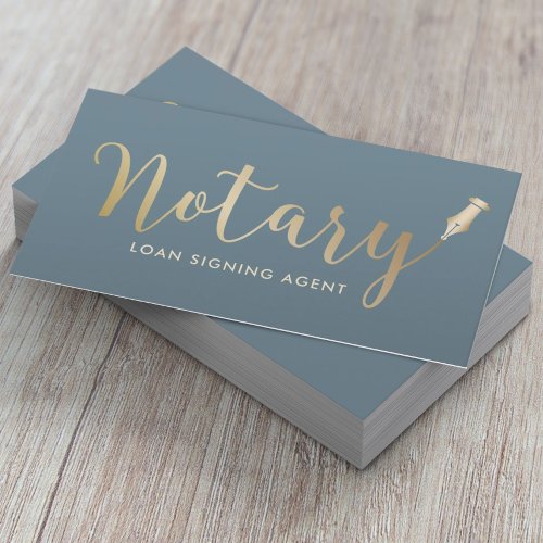 Notary Loan Signing Agent Dusty Blue  Gold Business Card