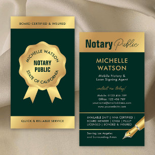 Notary Loan Signing Agent Elegant Green & Gold Business Card