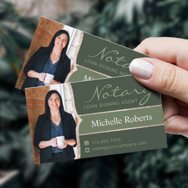 Notary Loan Signing Agent Elegant Sage Green Photo Business Card (Creator Uploaded)