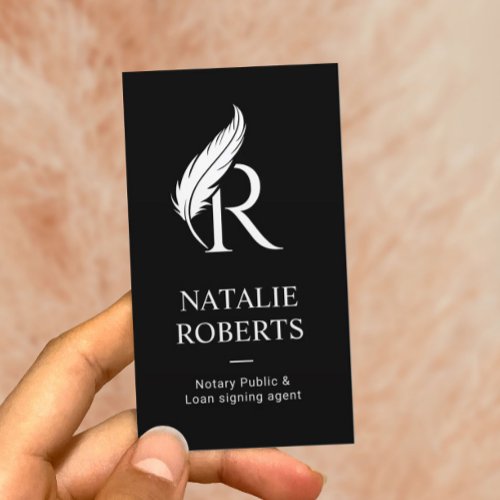 Notary Loan Signing Agent Feather Logo Black Business Card