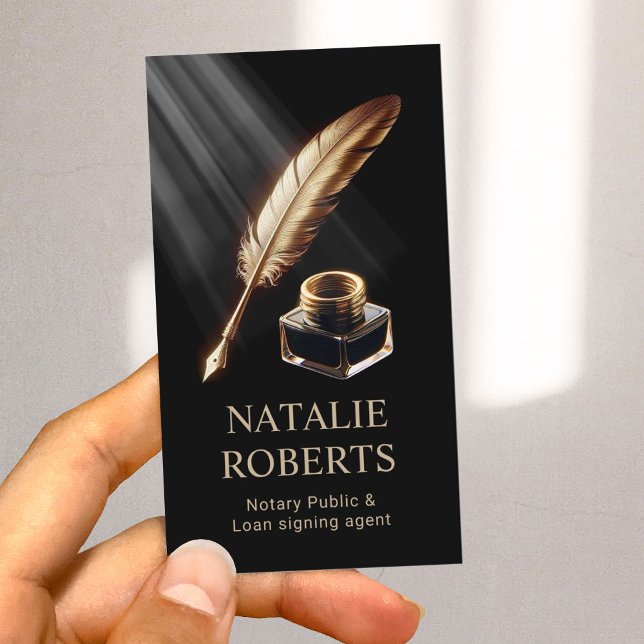 Notary Loan Signing Agent Gold Feather Pen Black Business Card (Creator Uploaded)