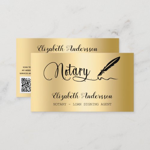 Notary loan signing agent gold QR code Business Card