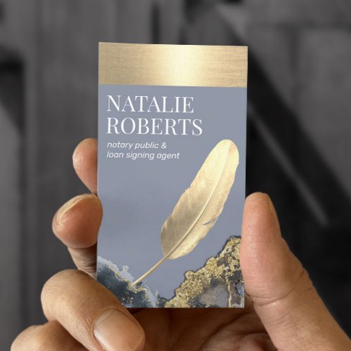 Notary Loan Signing Agent Gold Quill Blue Agate Business Card