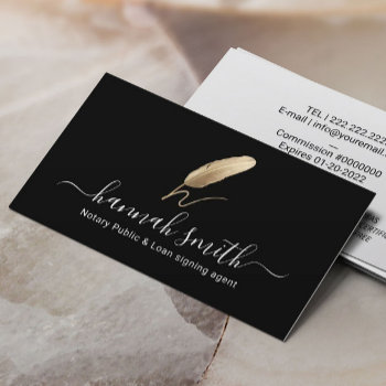 Notary Loan Signing Agent Gold Quill Logo Black Business Card by cardfactory at Zazzle