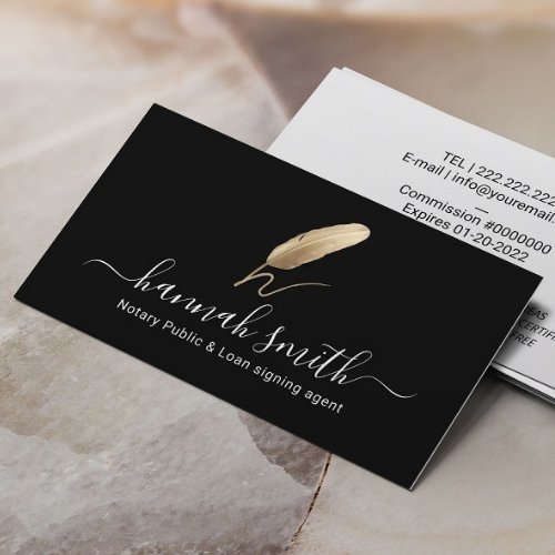 Notary Loan Signing Agent Gold Quill Logo Black Business Card