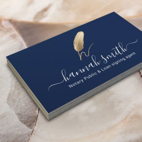Notary Loan Signing Agent Gold Quill Logo Navy Business Card